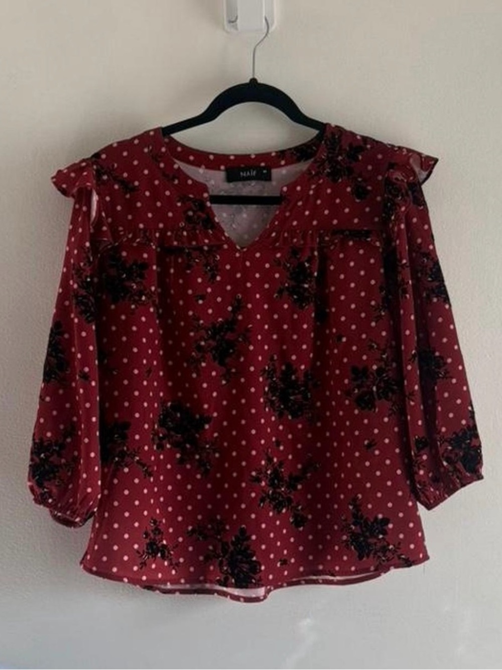 Women's Red Floral & Polka Dot Ruffle Blouse
